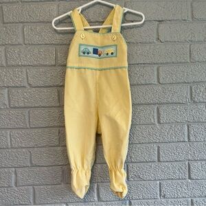 Vintage Health-Tex baby 9 month(?) yellow car corduroy bib overalls footie style